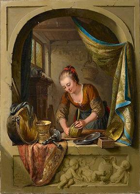 unknow artist A young woman cleaning pans at a draped stone arch. China oil painting art
